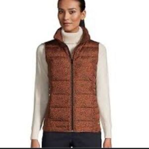 Lands End Women's Black & Brown Animal Print Down Filled Vest Size Small Cozy
